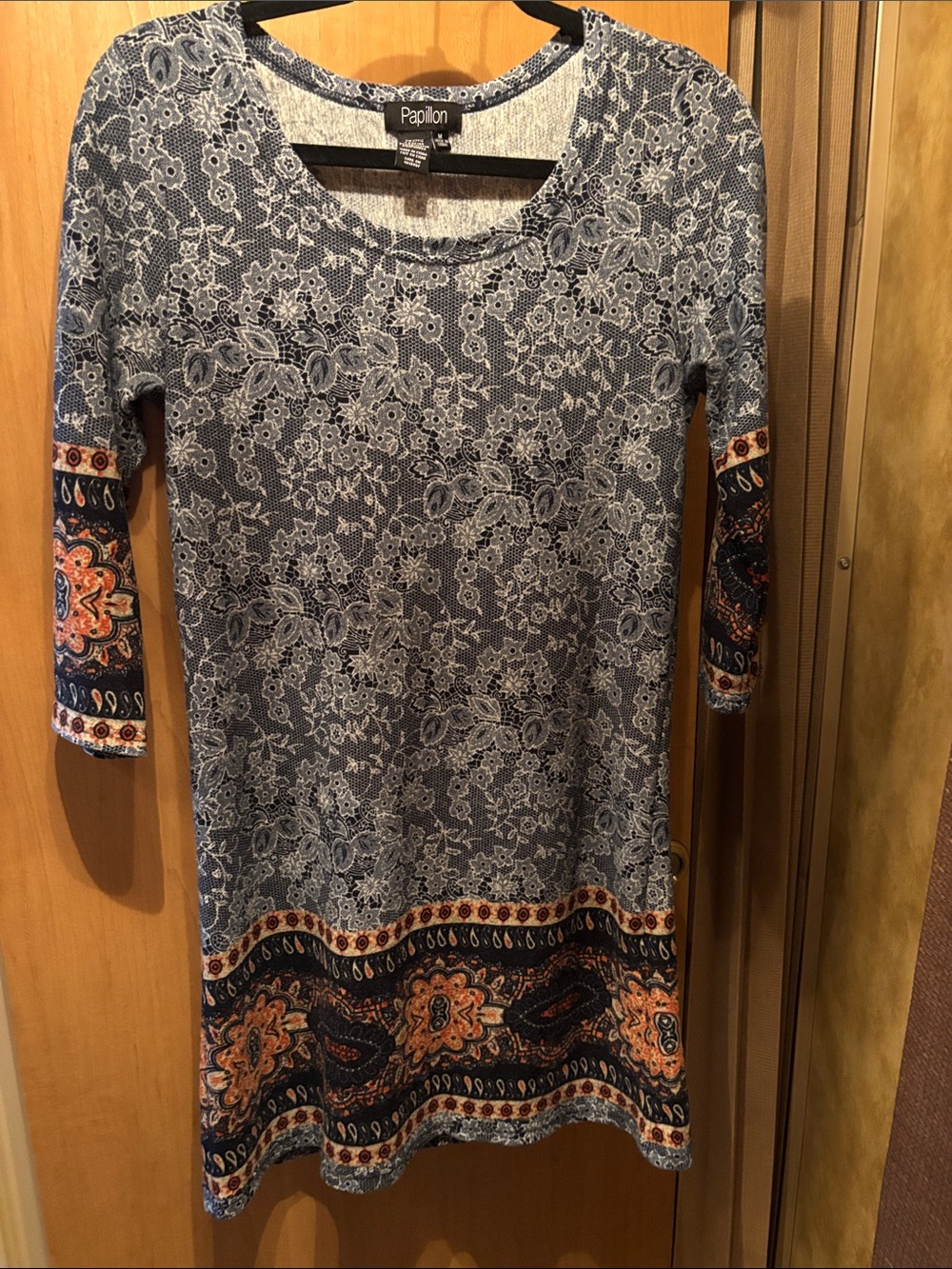 Papillon Blanc Blue and Orange Paisley Border Long Sleeve Dress